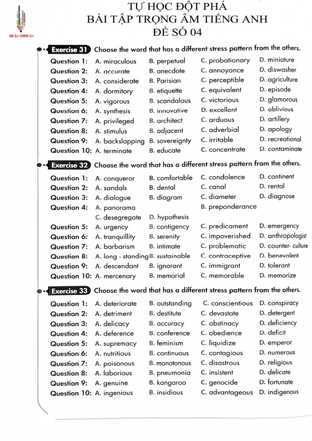 Tự học đột phá - Trọng âm Tiếng Anh - Đề 04