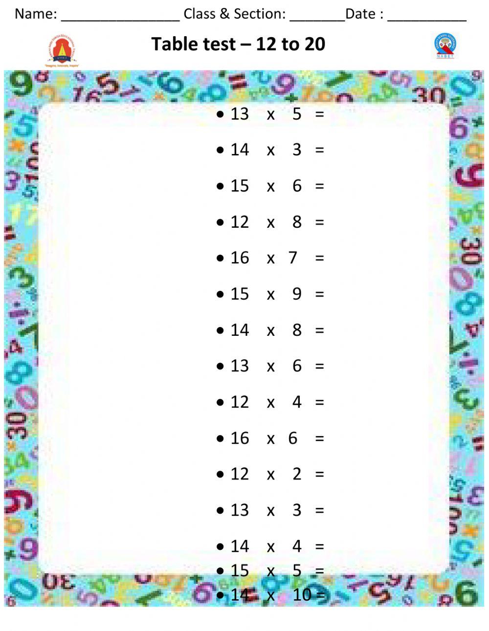 Tables test 12 to 20