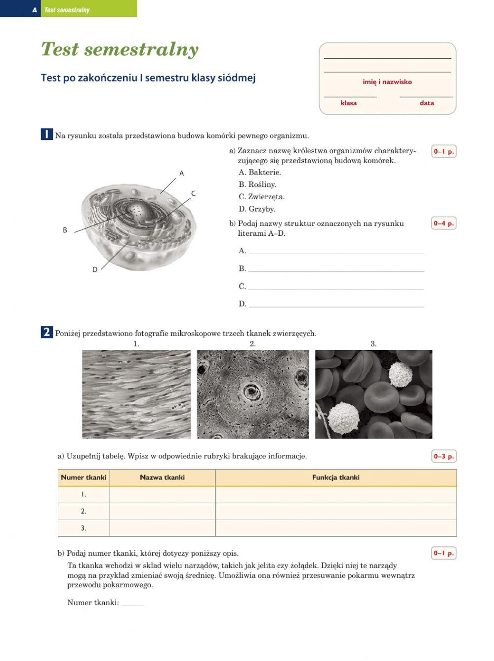 Sprawdzian 1. półrocze biologia