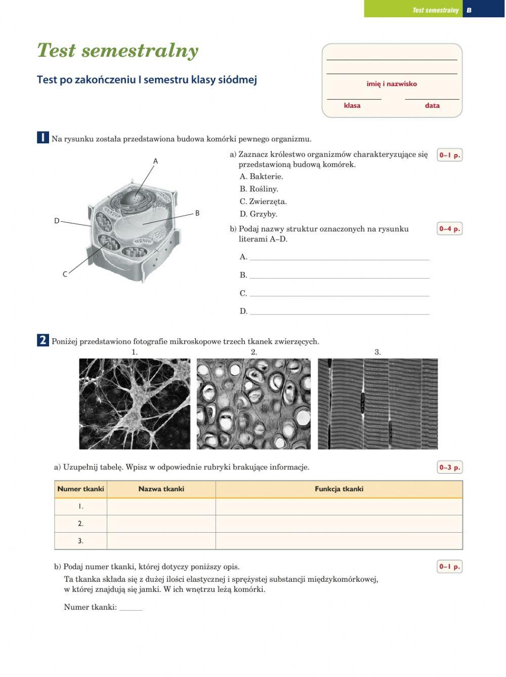 Sprawdzian 1. półrocze biologia