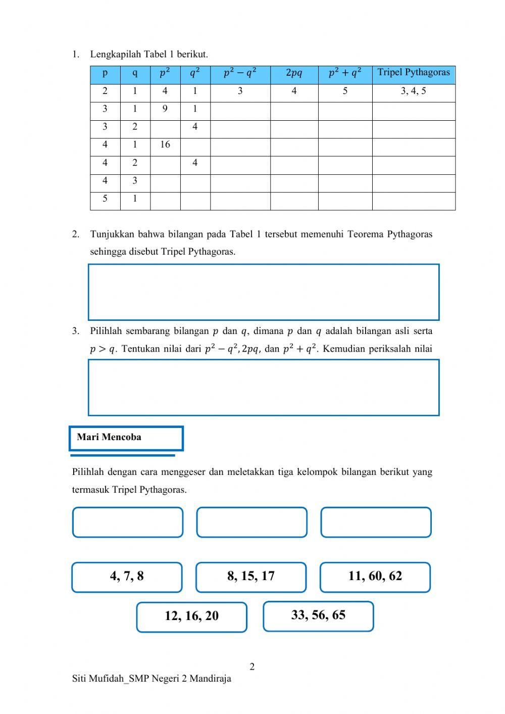 Lembar Kerja Matematika mengenai Teorema Pythagoras