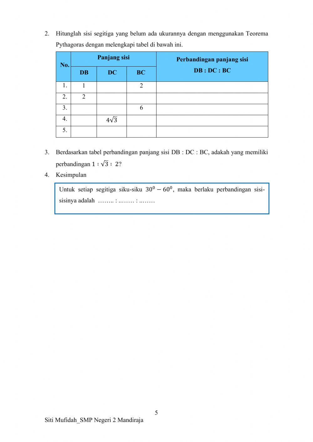 Lembar Kerja Matematika mengenai Teorema Pythagoras