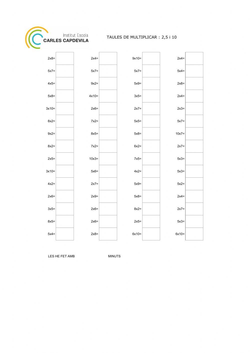 TAULES MULTIPLICAR 2, 5 i 10