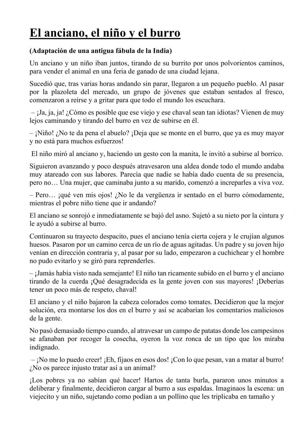 Comprensión Lectora -El anciano, el niño y el burro- 3º Primaria