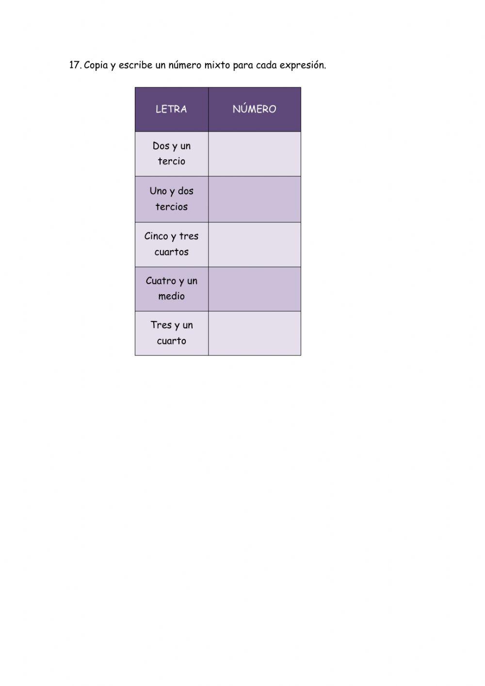 Números mixtos y fracciones