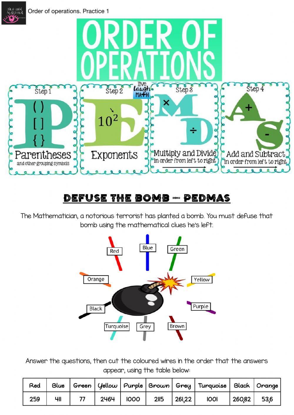 Order of operations. - Defuse the Bomb - PEDMAS