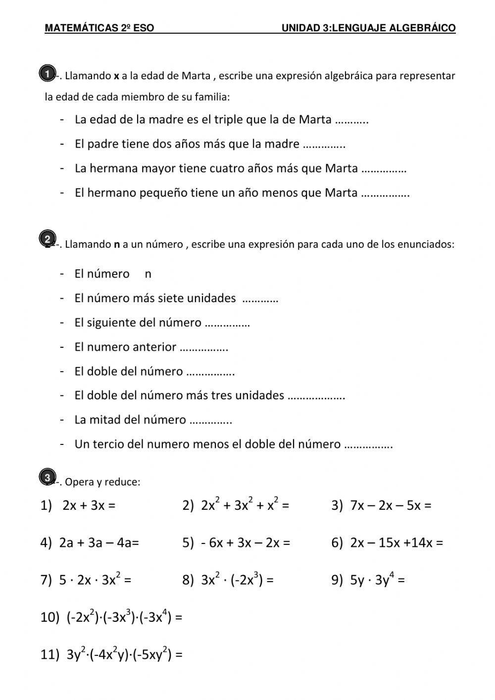 Ficha de lenguaje algebraico