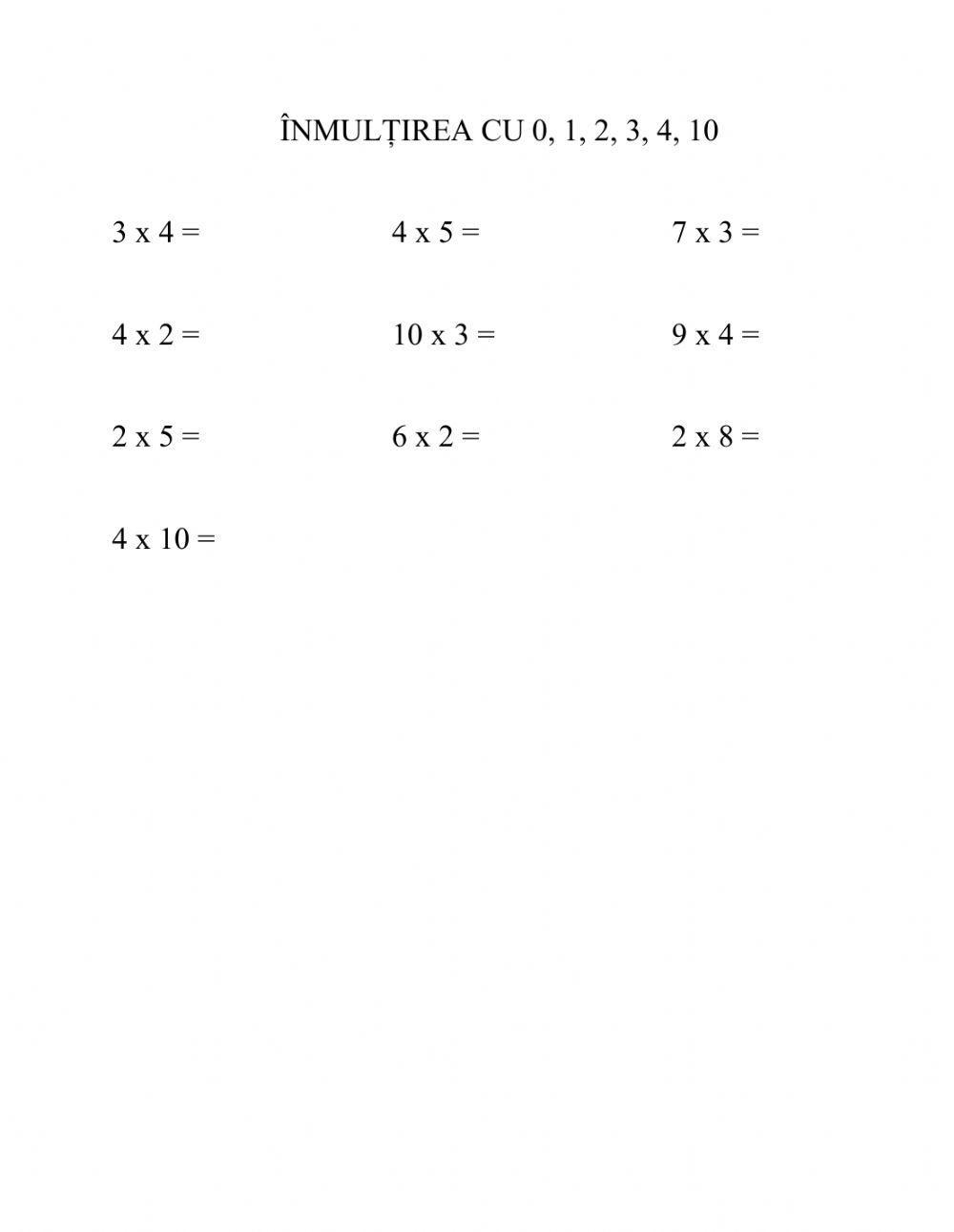 Înmulțirea cu 0, 1, 2, 3, 4, 10