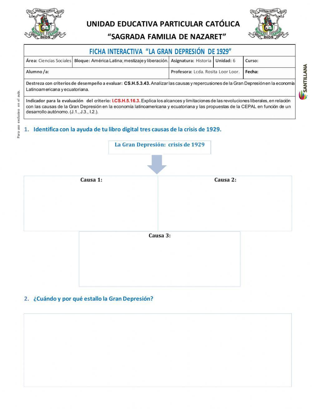 Ficha interactiva - La Gran Depresión de 1929