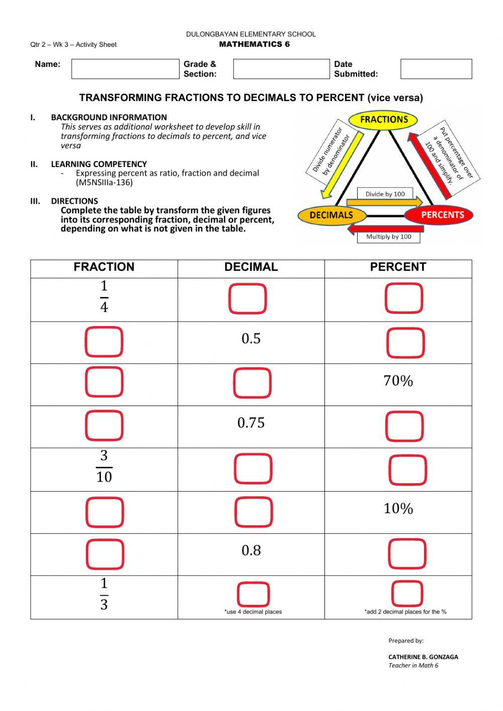 Converting Fractions to Decimals To Percent, vice versa online exercise ...