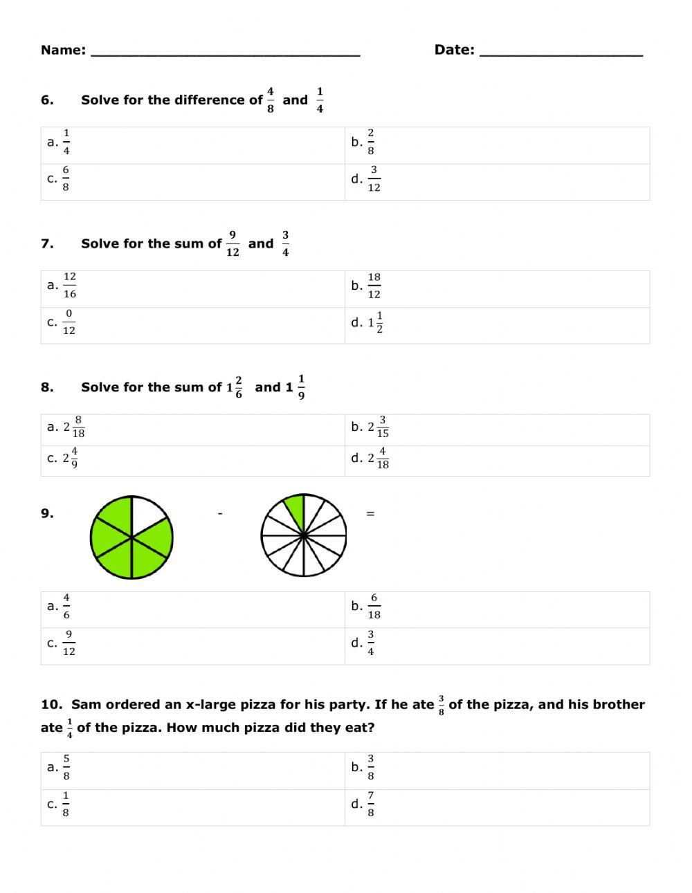 Add and Subtract Fractions and Mixed Numbers Assessment