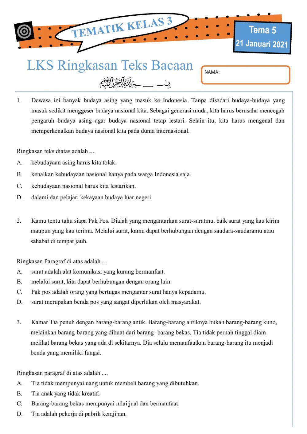 LKS Tematik Tema 5 Kelas 3 SDDH (Ringkasan Teks Bacaan)