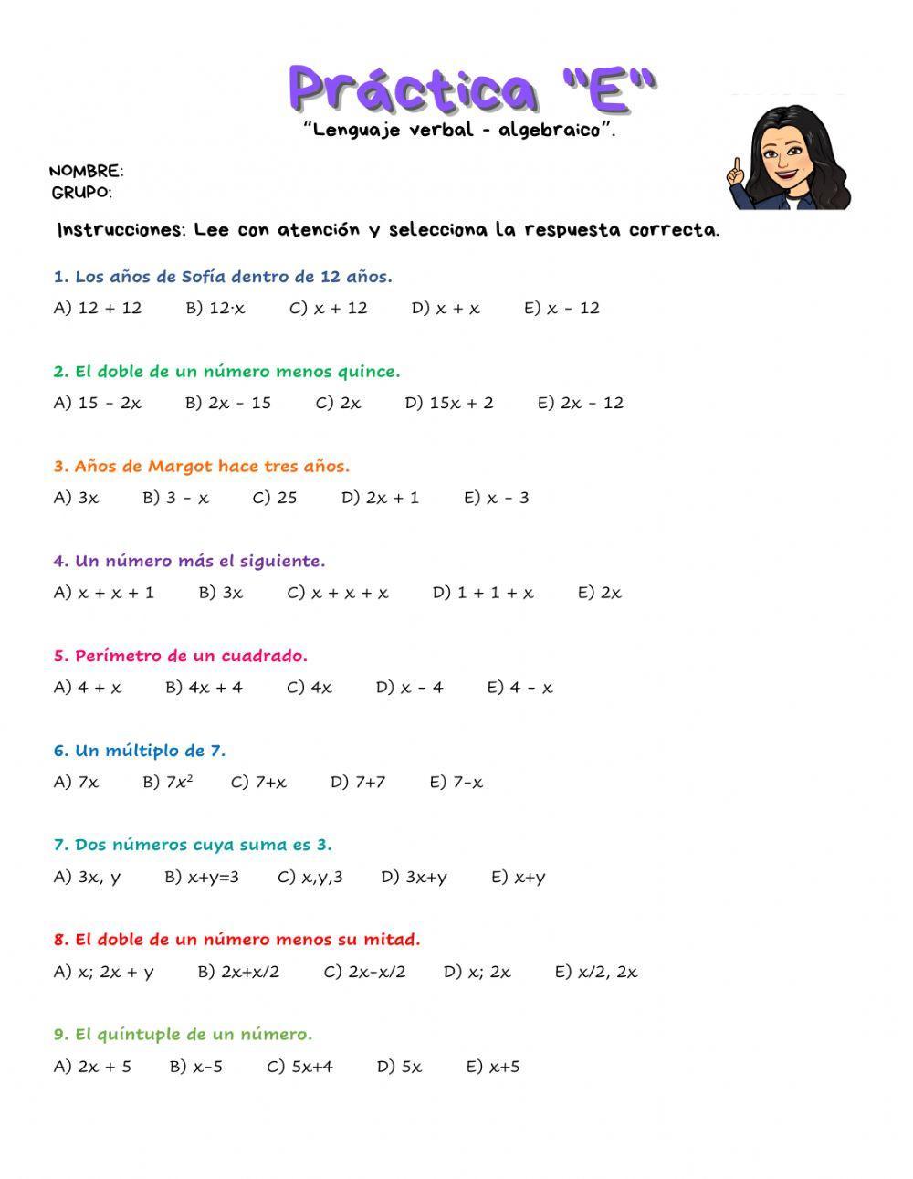 Práctica E -Lenguaje verbal-algebraico.-