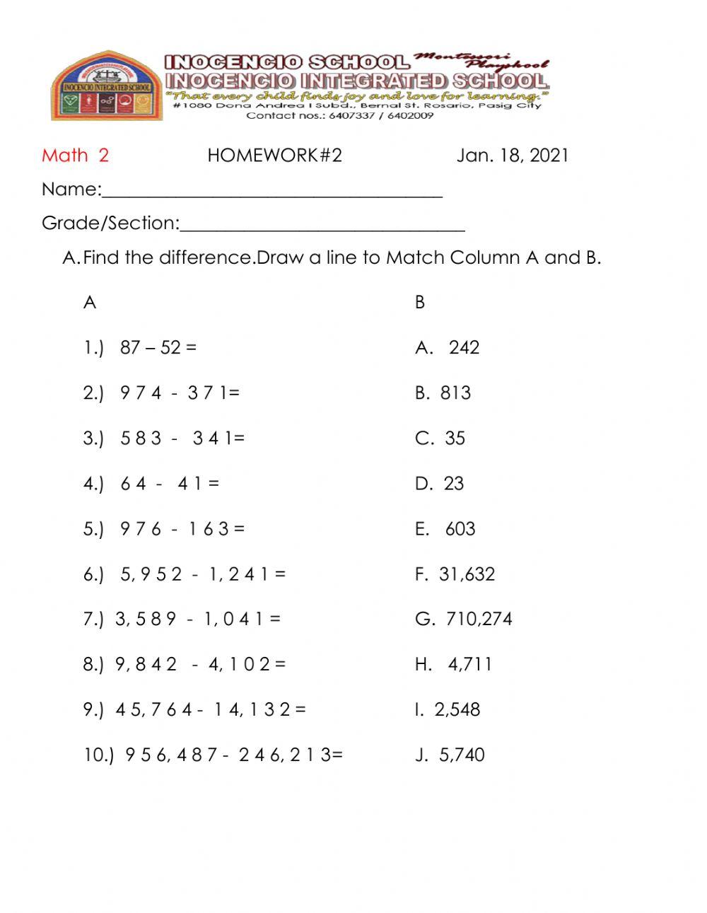 Subtraction without regrouping online activity Live Worksheets