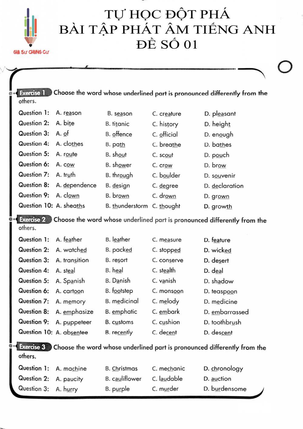 Tự học đột phá - Phát âm Tiếng Anh - Đề 01
