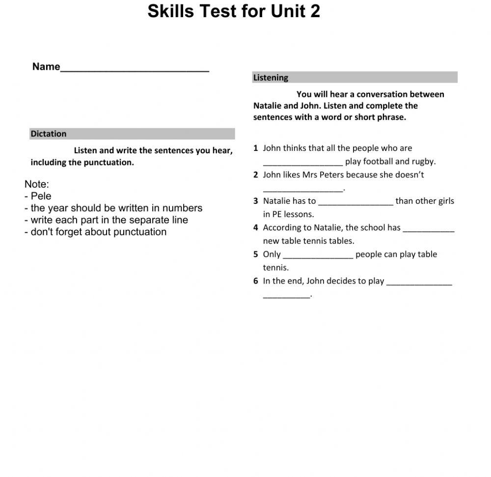 Skills test for Unit 2