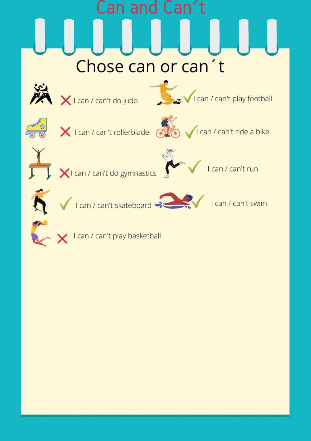 Can and can't English as a Second Language (ESL) exercise | Live Worksheets