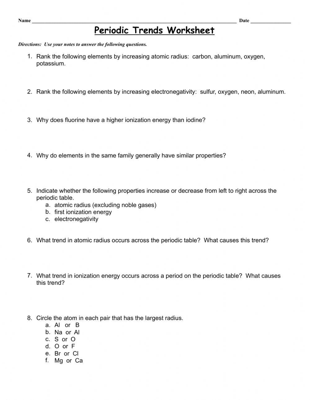 Periodic Trends Worksheet Live Worksheets