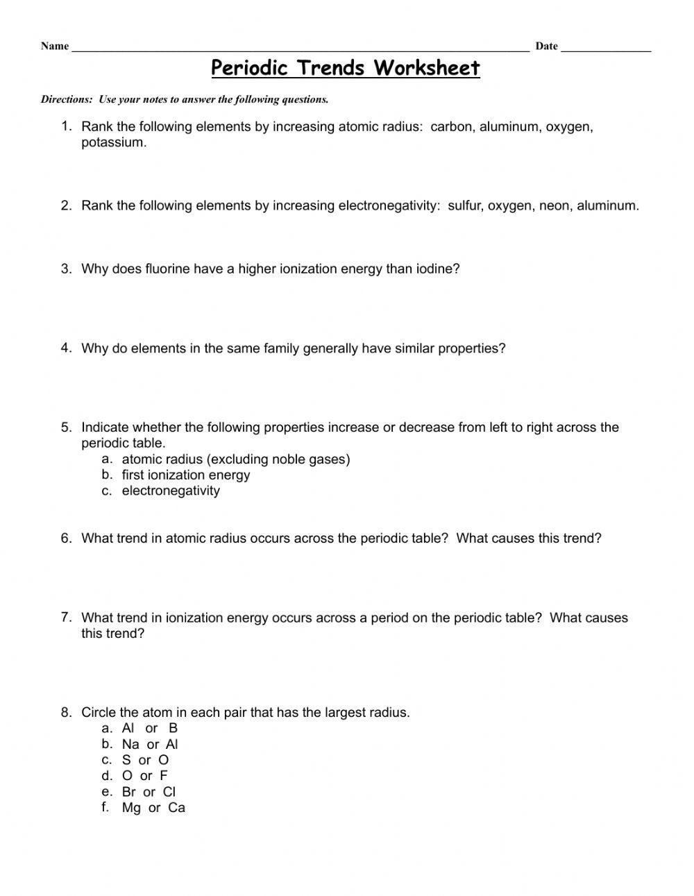 Periodic Table Trends Worksheet Cabinets Matttroy