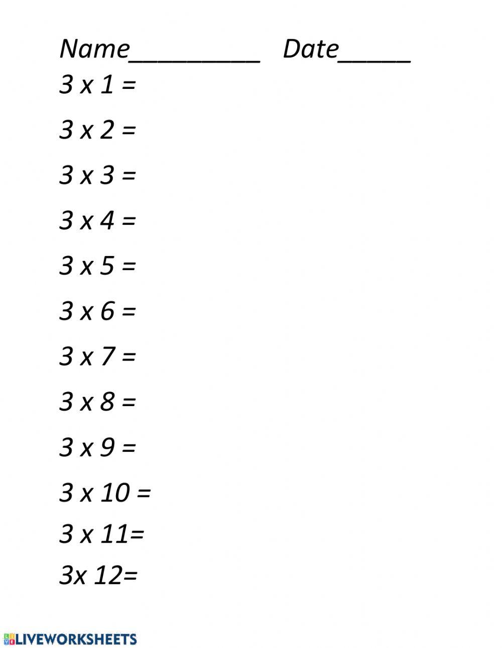 Multiplication Table of 3 Multiplication Table of 3