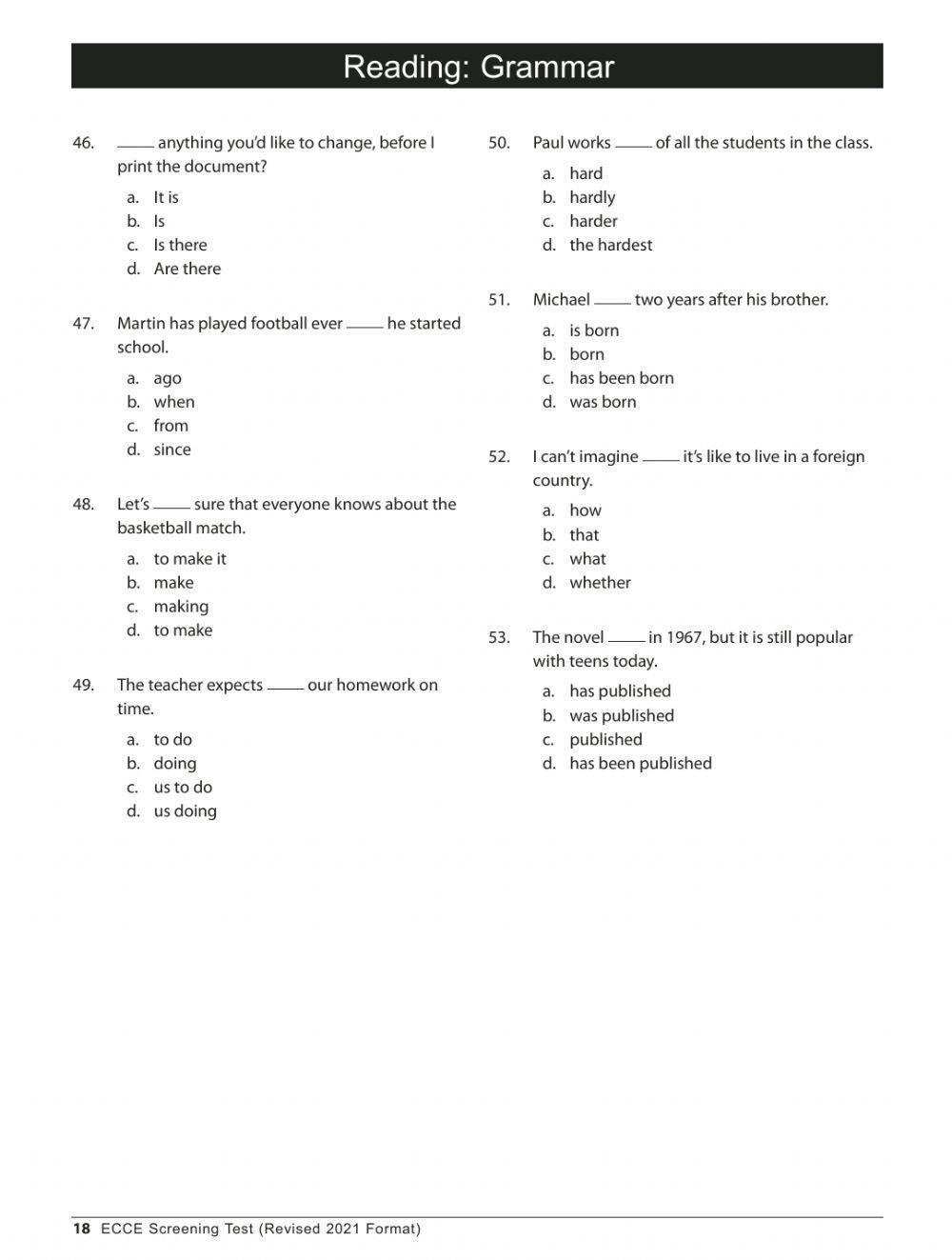 ECCE SCreening Reading (grammar+vocabulary)