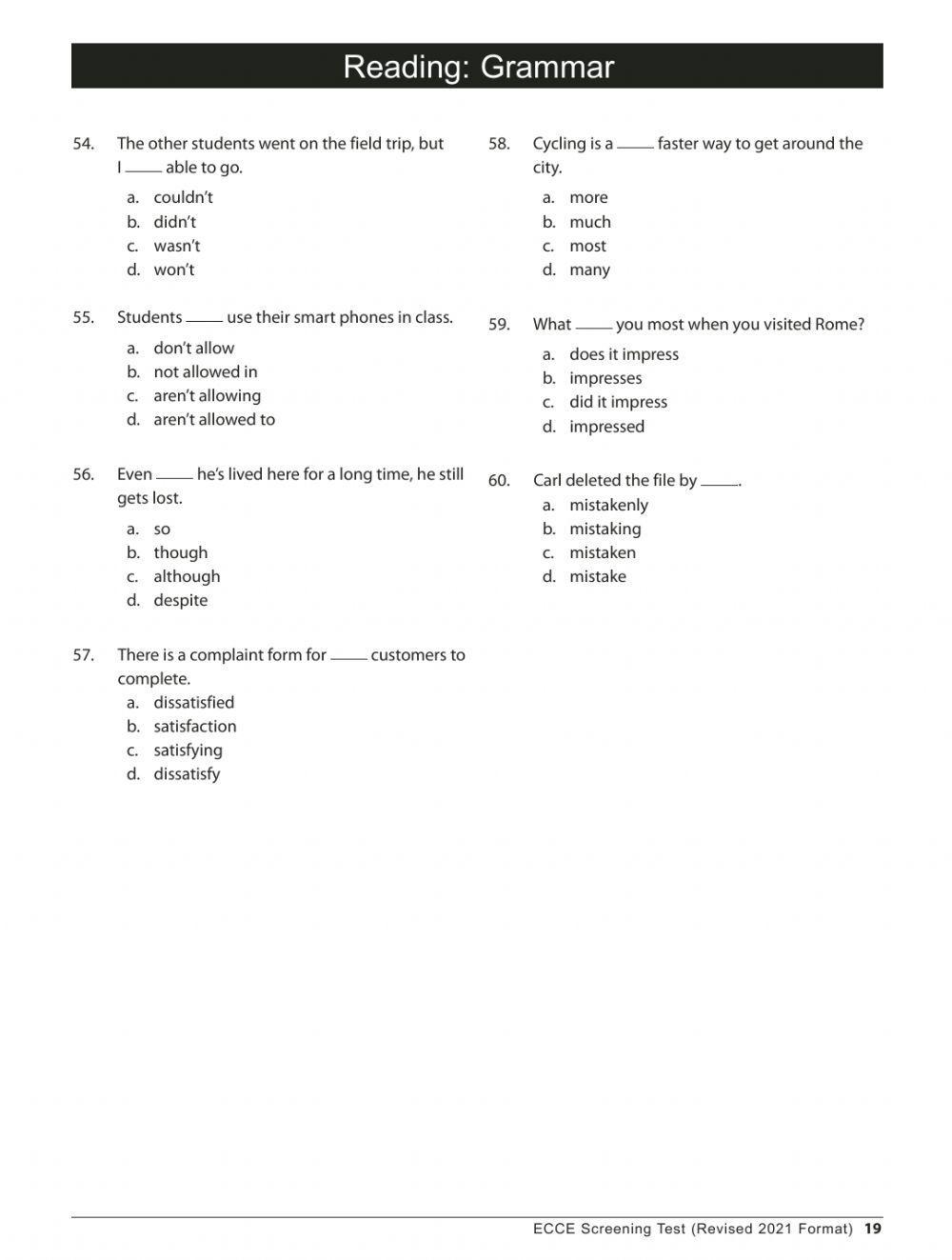 ECCE SCreening Reading (grammar+vocabulary)