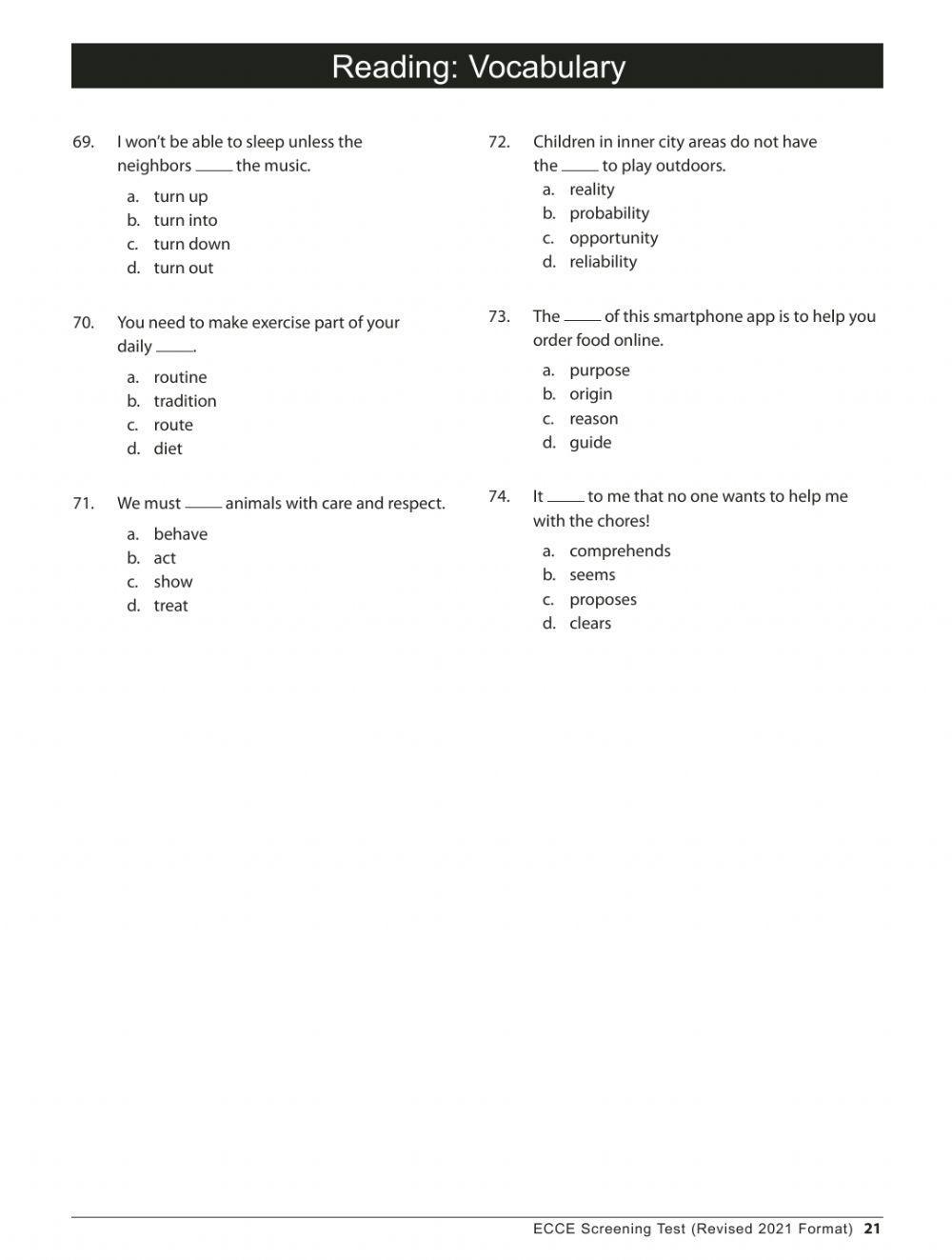 ECCE SCreening Reading (grammar+vocabulary)