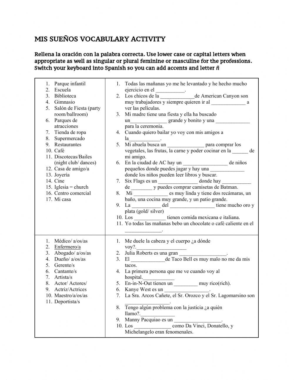 Vocabulary about professions and places