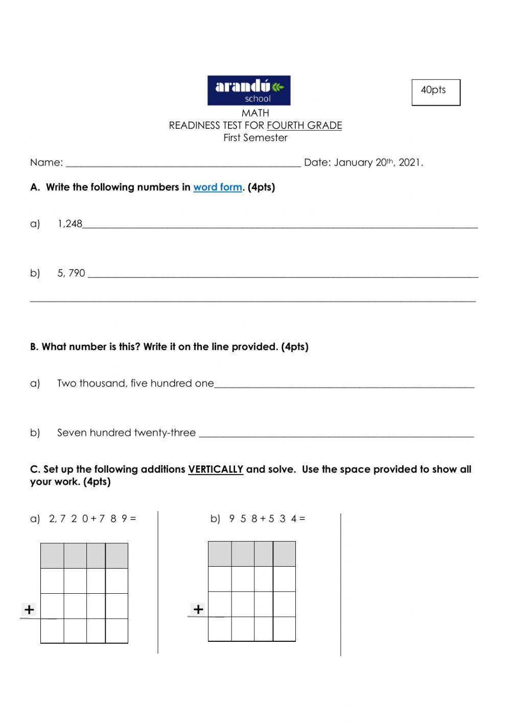 READINESS TEST FOR FOURTH GRADE Math worksheet | Live Worksheets