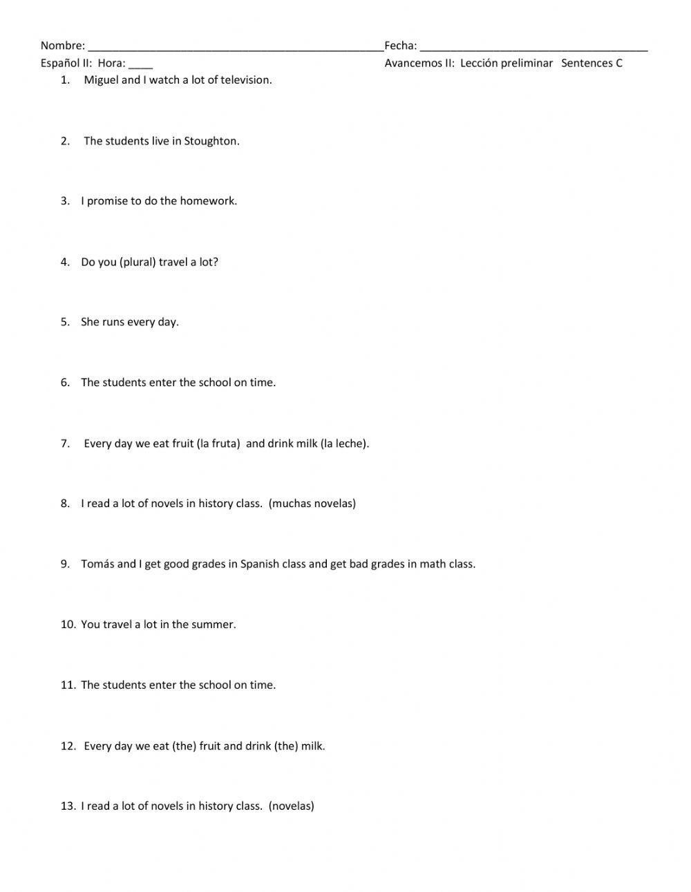 Spanish2 Present Tense Mini Sentences C