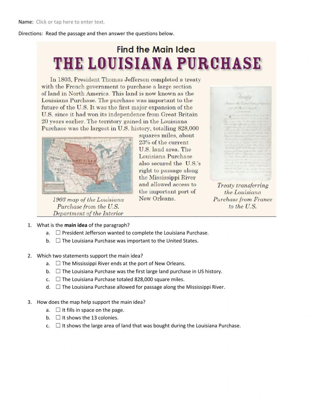 The Louisiana Purchase Main Idea Worksheet