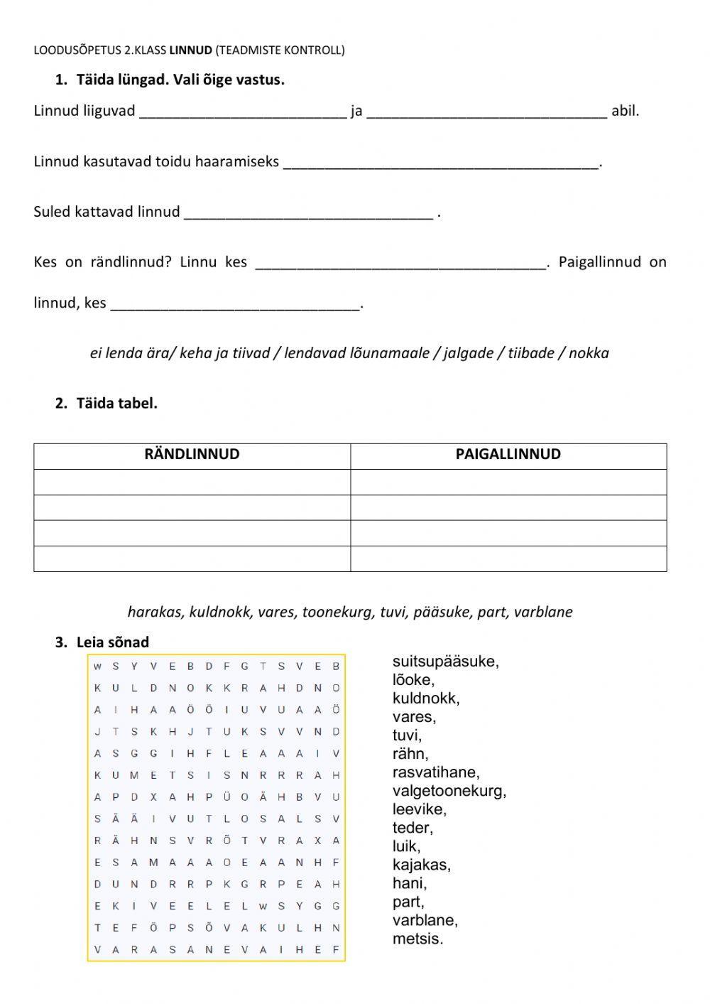 Linnud - teadmiste kontroll