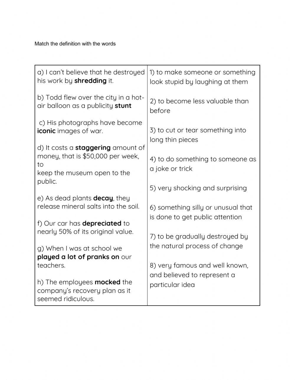Match the definitions of the higlighted words