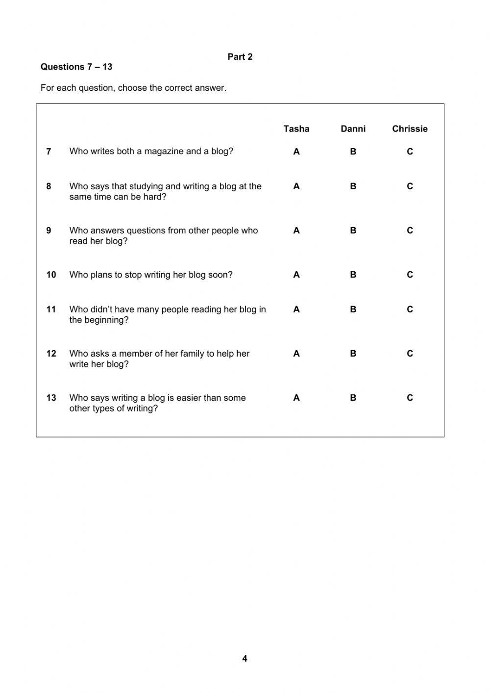 A2 KEY READING AND WRITING TEST PARTS1 TO 5