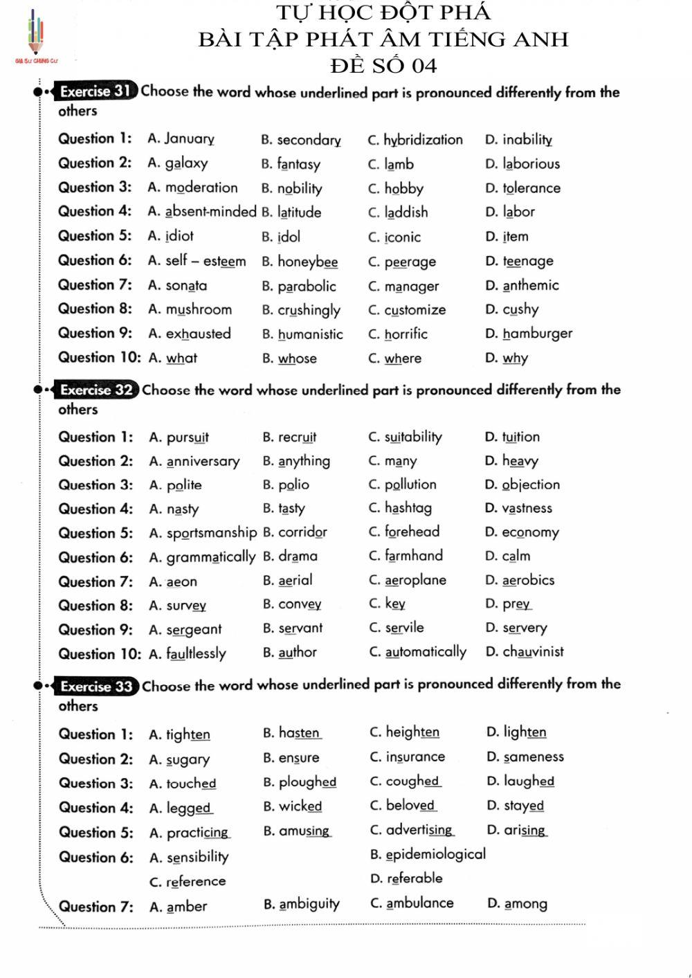 Tự học đột phá - Phát âm Tiếng Anh - Đề 04