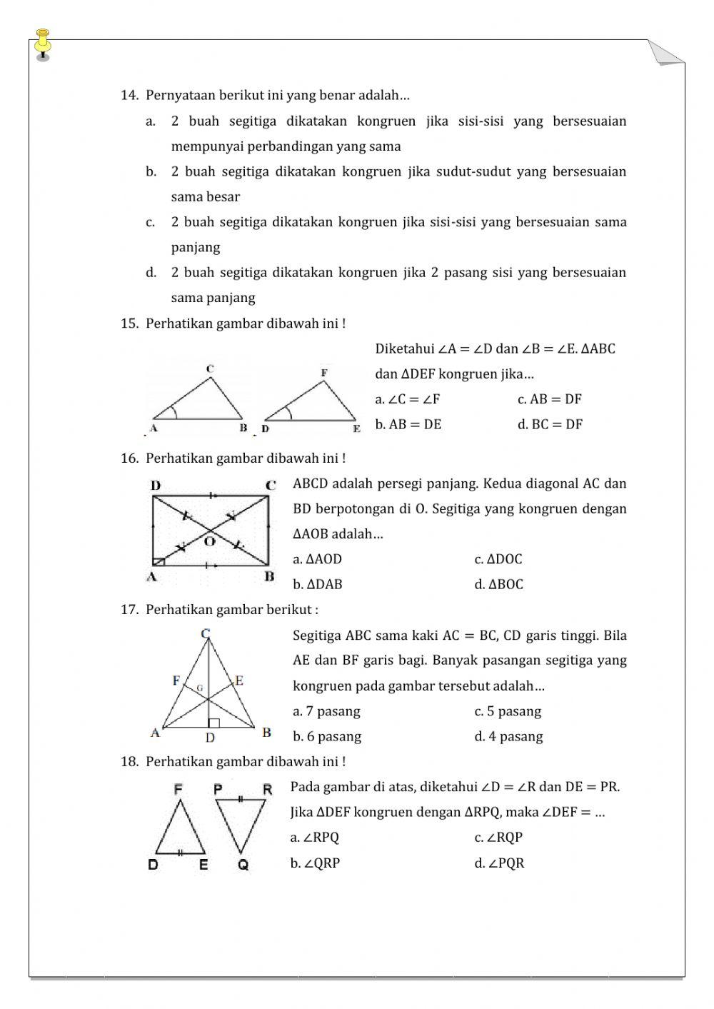 Soal Latihan Evaluasi Kesebangunan dan Kongruen