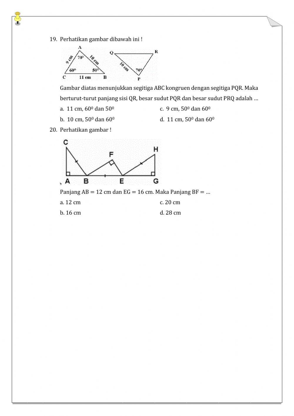 Soal Latihan Evaluasi Kesebangunan dan Kongruen