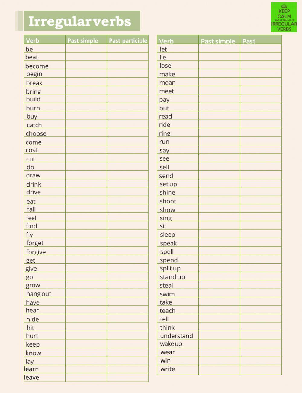 Irregular verbs list