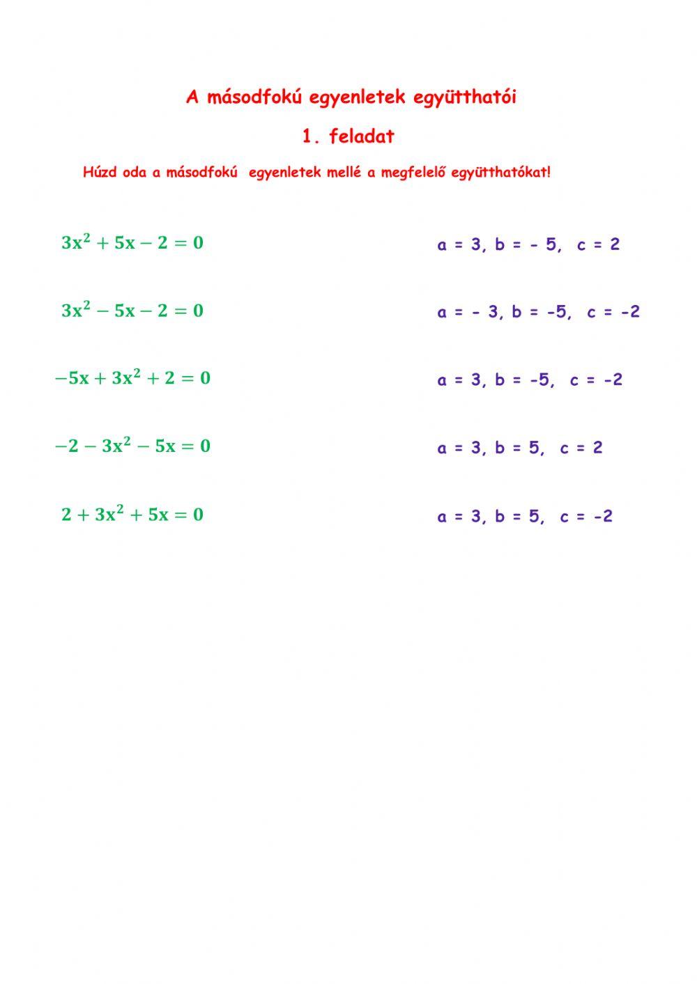 Másodfokú egyenletek együtthatói