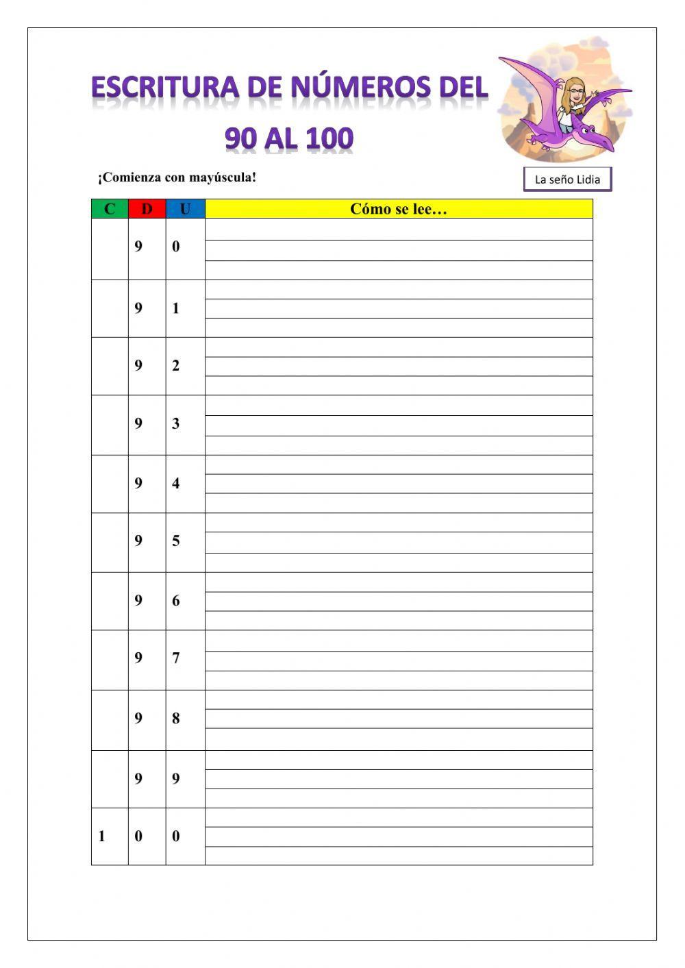 Escritura de números del 90 al 100