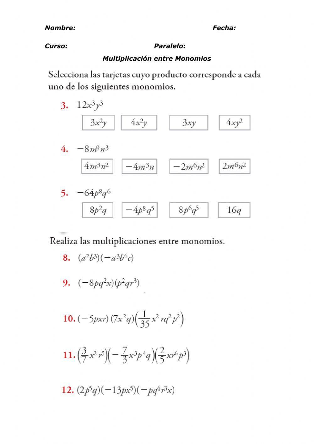Multiplicación de Monomios y Monomio por Polinomio