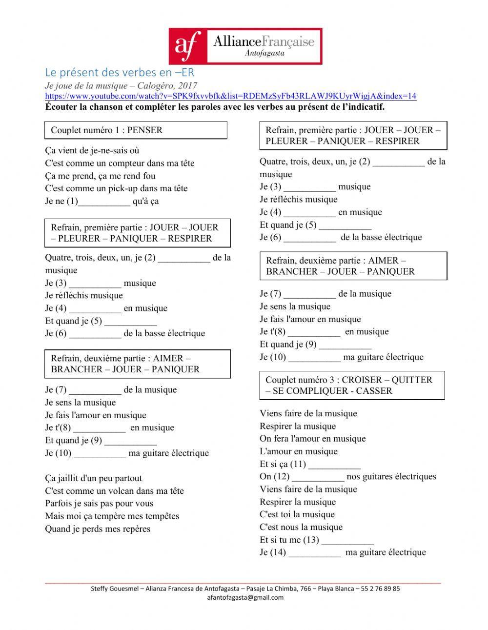 Calogéro - Je joue de la musique - verbes -ER