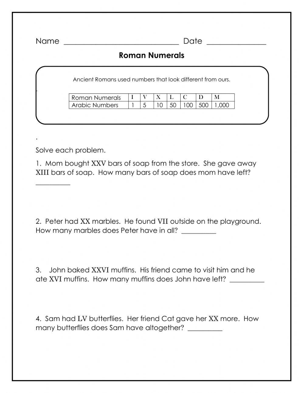 Roman Numerals Word Problems