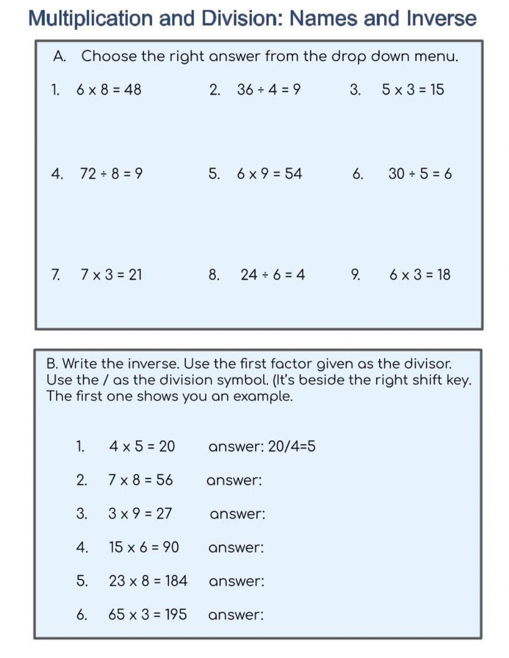 Multiplication and division names and inverse Multiplication and division names and inverse