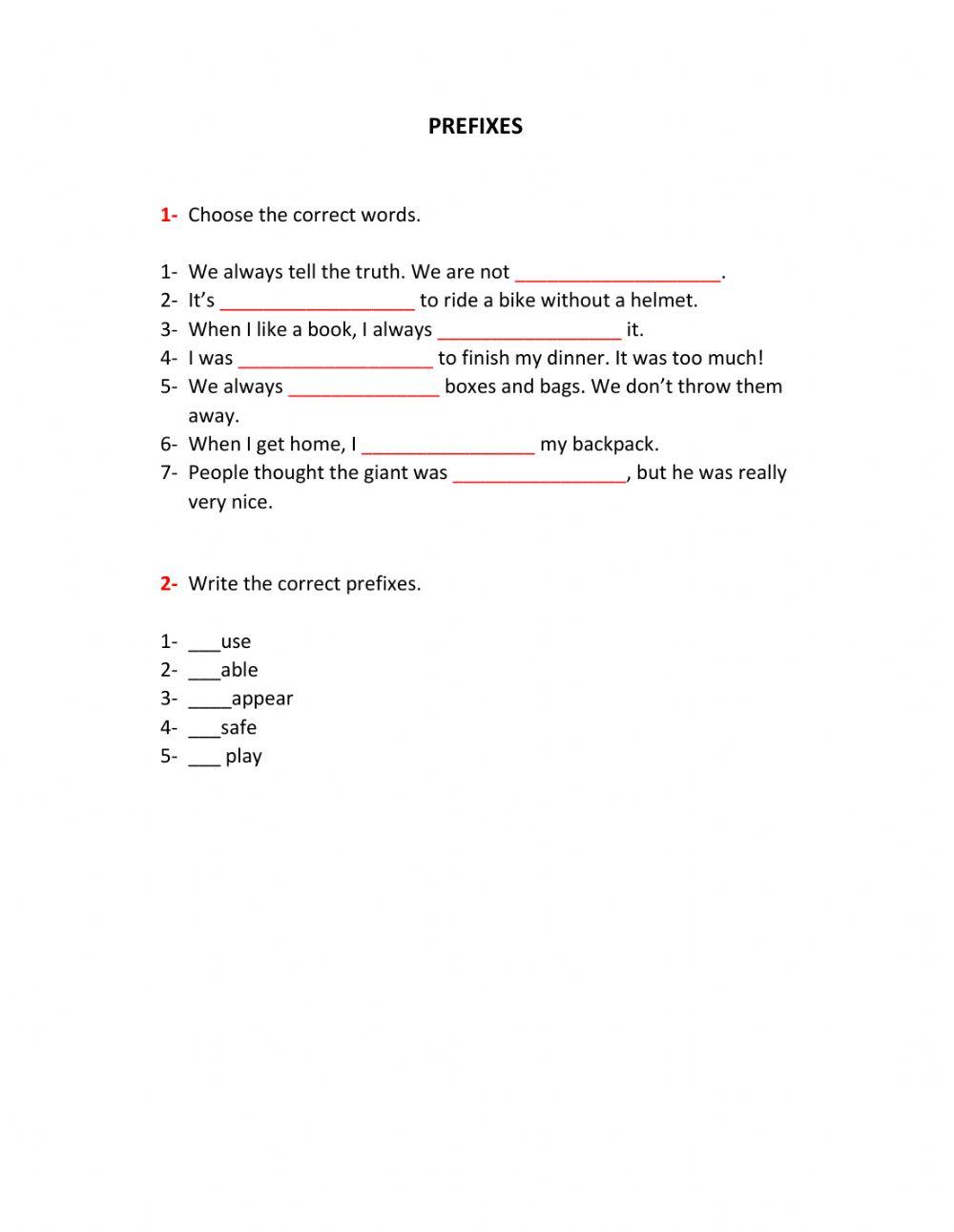 Prefixes UN, RE, DIS online exercise for | Live Worksheets