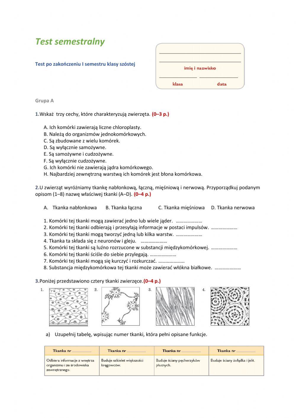 Test Biologia Klasa 6 Tkanki