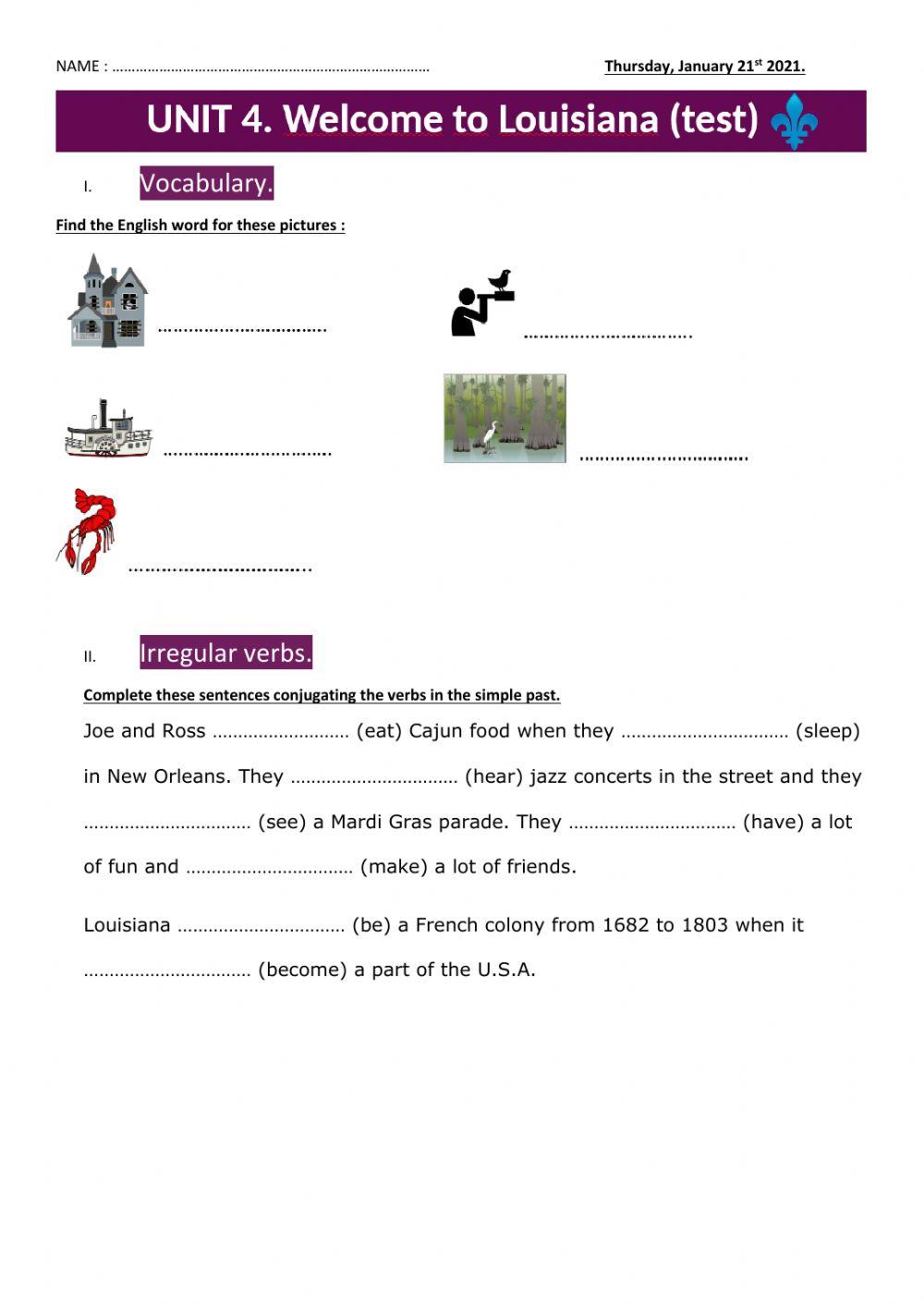 Test vocabulaire et verbes irréguliers louisiane