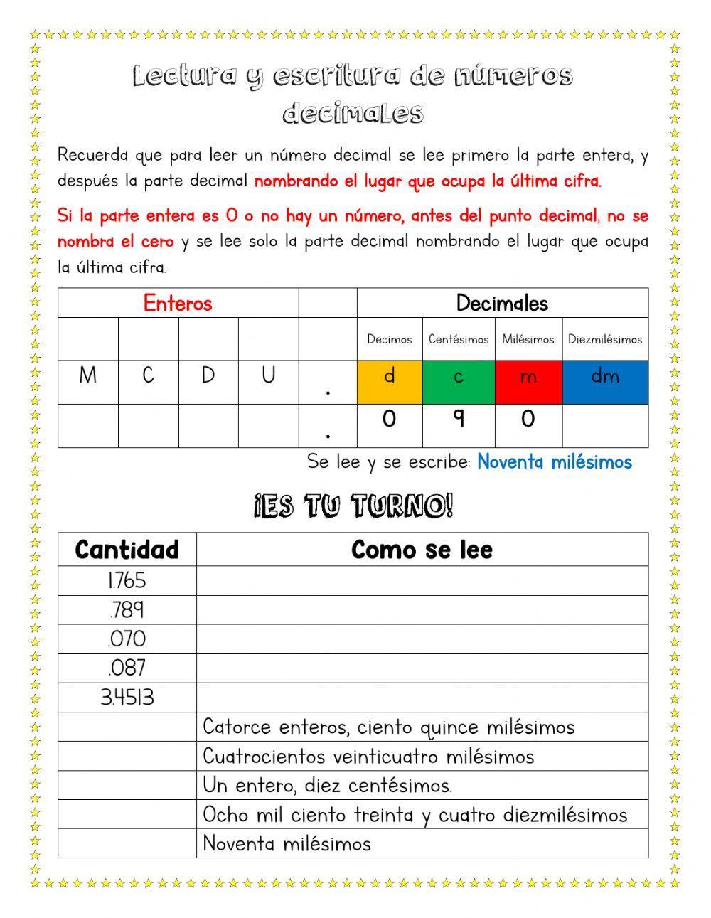 Lectura y escritura de numeros decimales