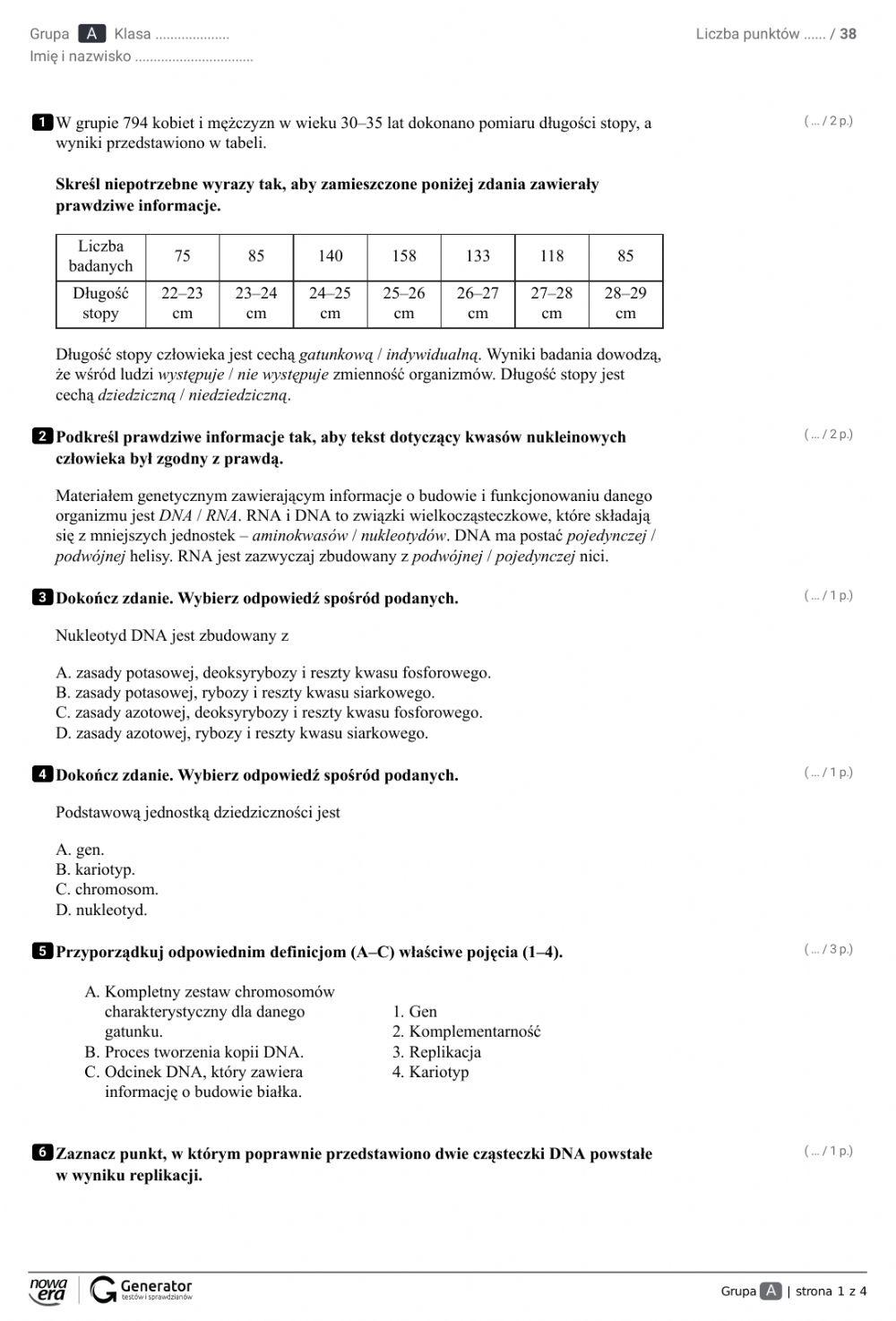 Test semestralny-biologia kl.8