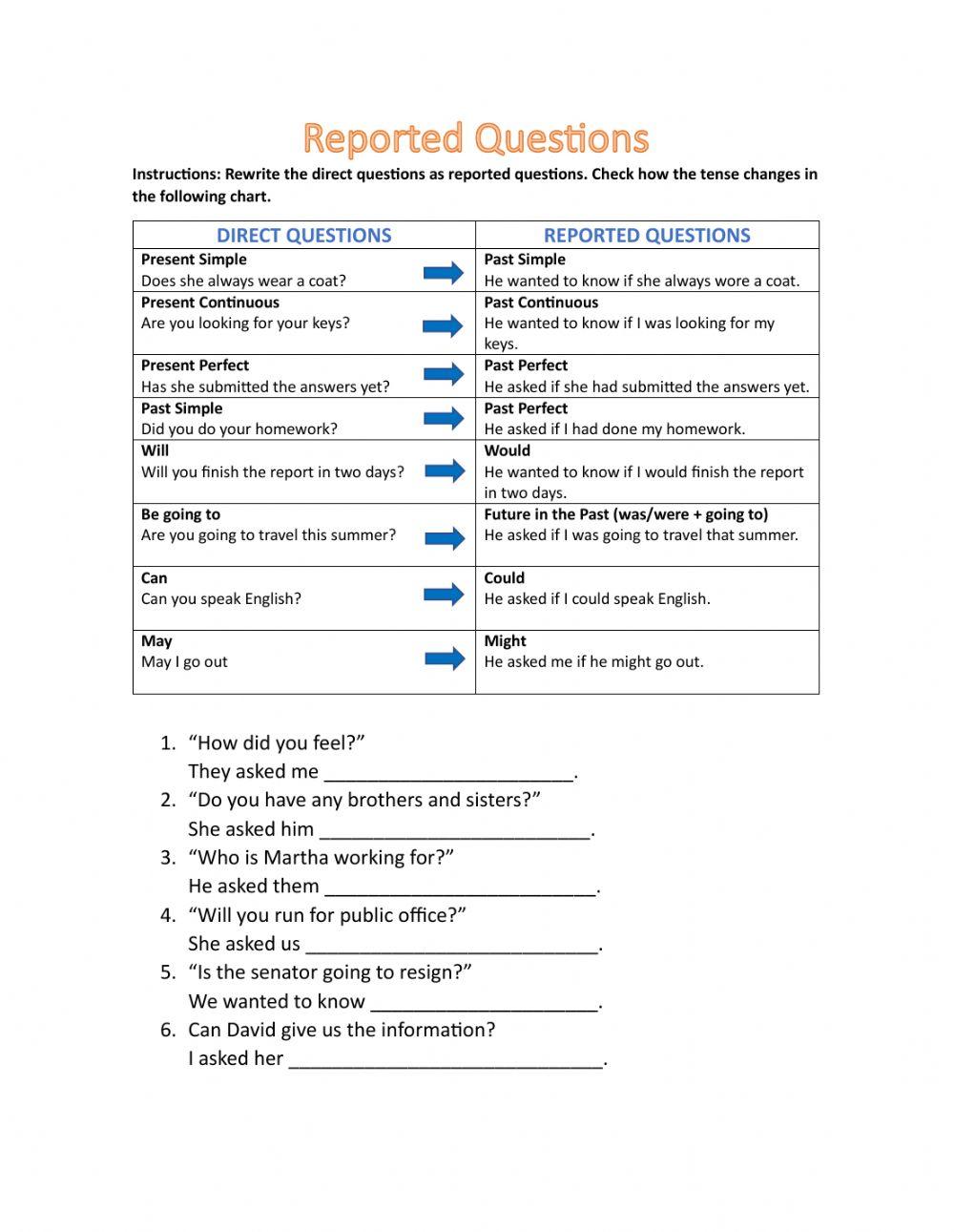 Reported Questions free worksheet | Live Worksheets